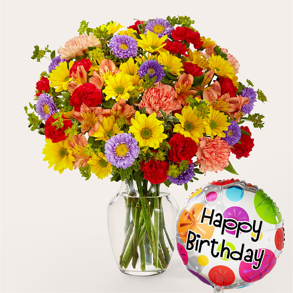Kaleidoscope Bouquet with Birthday Balloon – Flowerland, Athol MA