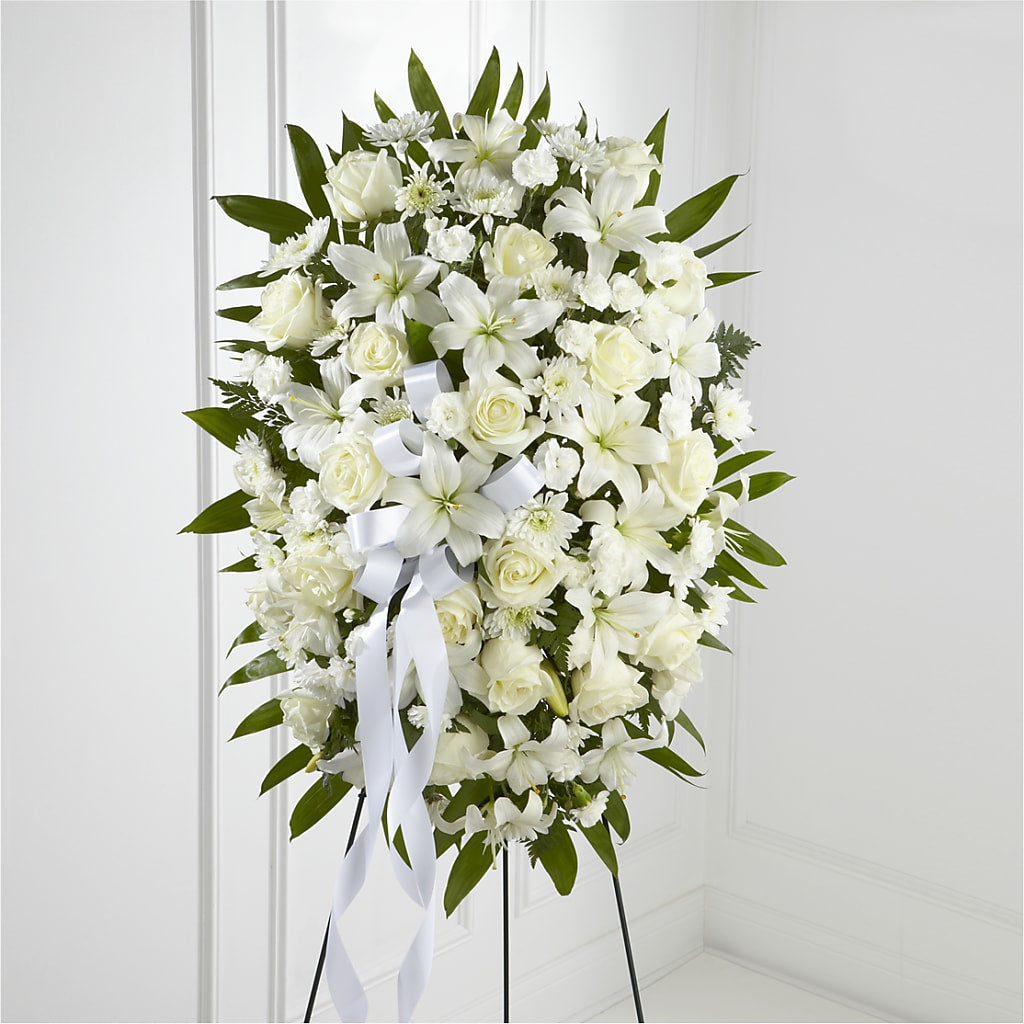 Exquisite Tribute Standing Spray-White Ribbon – Flowerland, Athol MA
