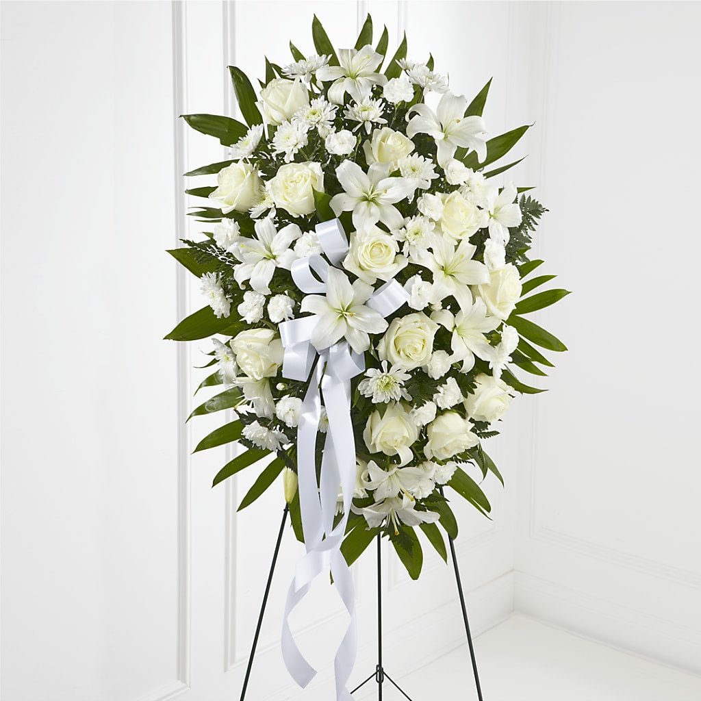 Exquisite Tribute Standing Spray-White Ribbon – Flowerland, Athol MA